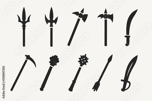Medieval weapons silhouette icon set. ancient, armor, warfare icons in solid style