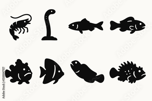 Aquatic life silhouette icon set. fish, shrimp, eel, marine animals collection