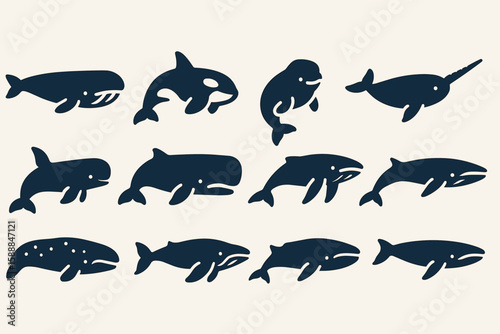 Whale and dolphin silhouette icon set. marine life graphics in silhouette style