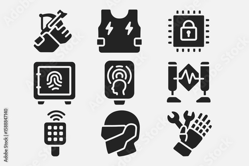 Security and technology solid icon set. safety, modern tech solid symbols collection