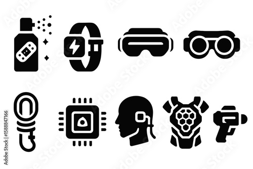 Technology, futuristic solid icon set. gadgets, devices, innovation solid collection