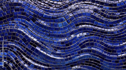 Abstract Blue Mosaic Tile Wave Pattern Texture Background.
