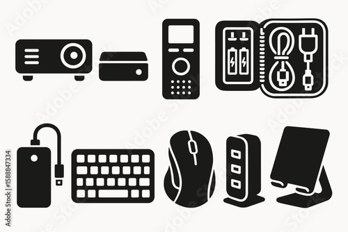 Gadgets and devices silhouette icon set. tech essentials in silhouette style