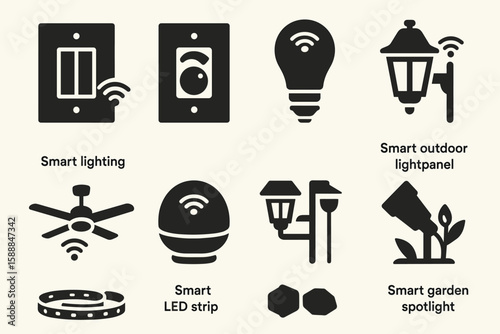 Smart lighting solid icon set: switches, bulbs, and garden light fixtures collection