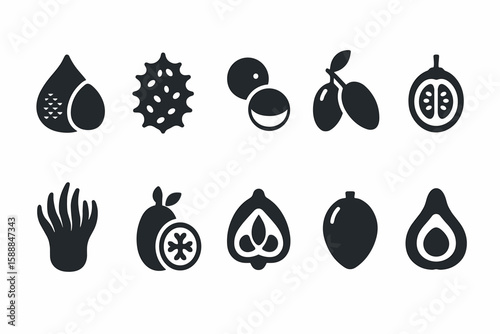 Exotic fruits silhouette icon set. unique fruit collection for food-related projects