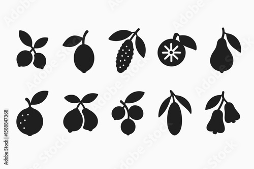 Fruit silhouette icon set. limes, lemons, tropical fruits in silhouette style