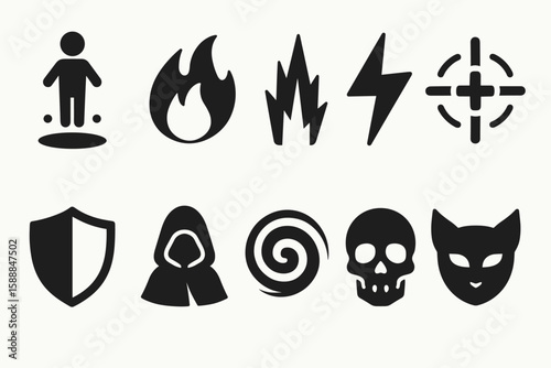 Gaming skill silhouette icon set. power, stealth abilities in silhouette style