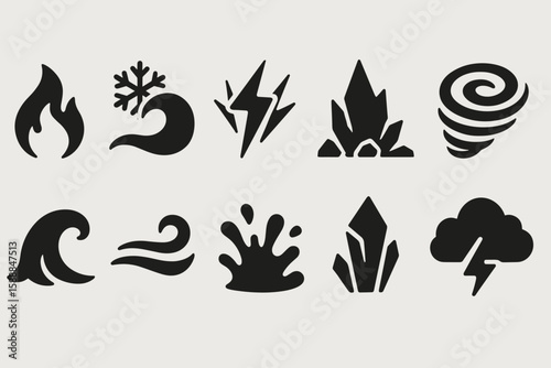 Weather and nature solid icon set. wind, fire, earth, water elements collection