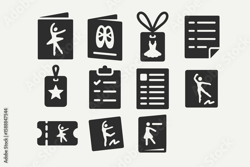 Dance and ballet silhouette icon set. performance, routine, recital, show icons collection