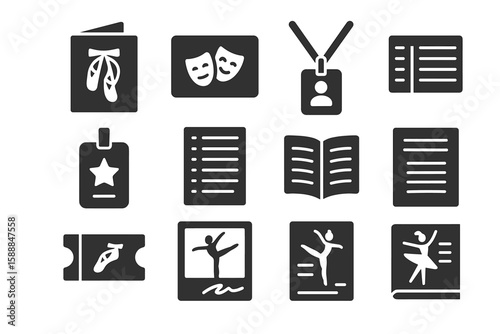 Performing arts solid icon set. dance, theater, music icons in solid style collection