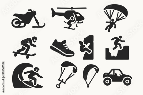 Adventure, sports silhouette icon set. extreme, outdoor activity icons collection