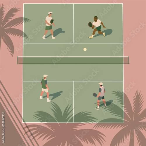 Illustration of four players playing pickleball on a court surrounded by palm shadows in a sunny tropical setting