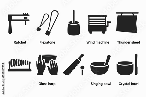Musical instruments solid icon set. percussion, sound icons collection