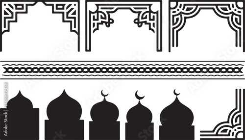 Islamic Architectural Elements - Mosque Domes, Arches, and Traditional Borders for Religious and Cultural Designs