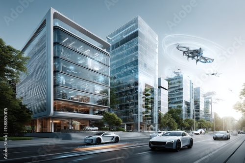 Futuristic urban architecture with flying vehicles and autonomous cars