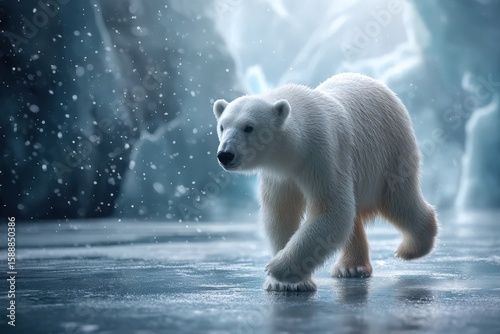 Polar bear walking on icy surface amid snowfall in arctic wilderness