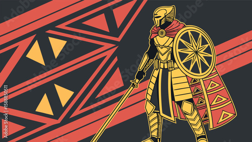  Afrofuturist Vector Warrior in Gold Armor with Patterned Elements