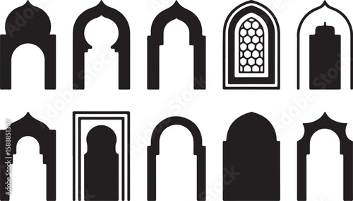 Black and White Islamic Icon Set Featuring Mosque Domes, Crescent Moons, Stars, Flags, Droplets, and Text Elements for Muharram and Gratitude Planner Inserts