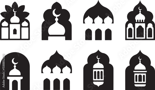 Black and White Islamic Icon Set Featuring Mosque Domes, Crescent Moons, Stars, Flags, Droplets, and Text Elements for Muharram and Gratitude Planner Inserts