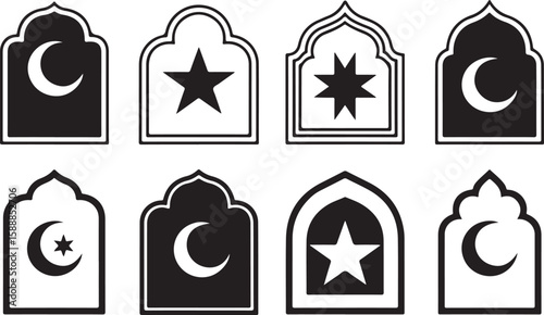 Black and White Islamic Icon Set Featuring Mosque Domes, Crescent Moons, Stars, Flags, Droplets, and Text Elements for Muharram and Gratitude Planner Inserts