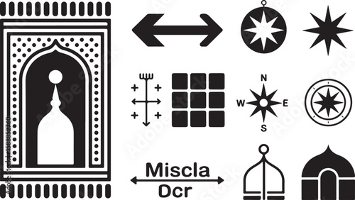 Islamic Prayer and Direction Icon Set Featuring Prayer Rug, Compass Roses, Geometric Patterns, and Mosque Silhouettes in Black and White