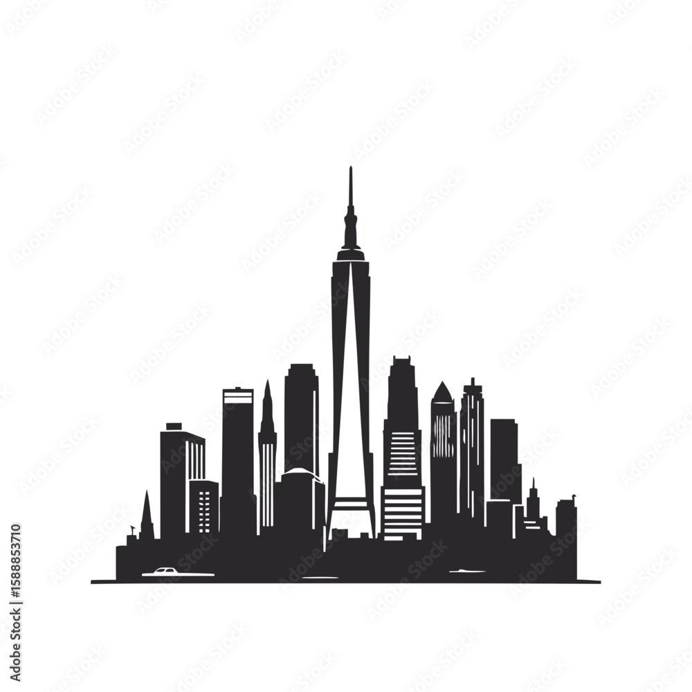 Obraz premium A striking vector silhouette of the New York City skyline, showcasing iconic urban architecture and towering skyscrapers