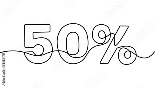 Single line drawing of a one Fifty percent symbol. continuous one line drawing 50% number sign. Simple black outline of the number 50%. Vector illustration
