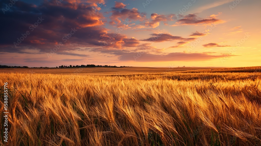 Obraz premium Golden wheat field bathed in warm sunset light under a dramatic colorful sky landscape image.