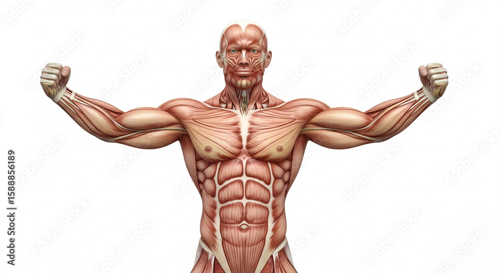Fototapeta premium Male anatomy of muscles and tendons in a bodybuilder, detailed structure, high detail, isolated on white background