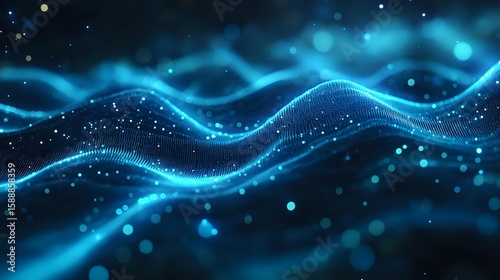 Glowing blue waves of digital particles flow through dark space creating dynamic motion effect with bokeh lights and sparkles. Abstract technology background.