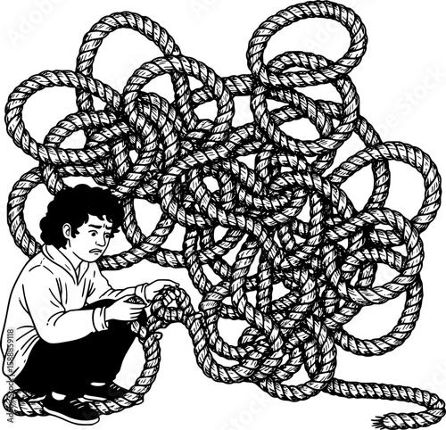 A metaphor for emotional despair. A person is desperately trying to untangle a huge, complex knot of rope, symbolizing complicated problems.