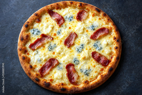 Fresh pizza carbonara with creamy sauce, mixed cheeses and bacon pieces on the table.
