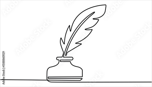 Inkwell and pen continuous line drawing. One line feather with ink vector, Continuous One line drawing of Traditional Quill and Ink. Scroll with inkwell and feather continuous line drawing.

