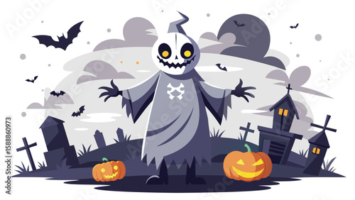 Illustration of a spooky ghost standing in a graveyard with pumpkins and bats in the night sky