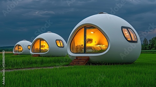 Futuristic Egg Shaped Cabins on Grassy Field at Twilight