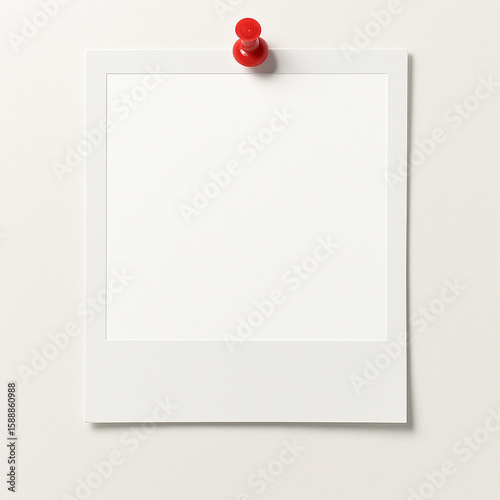 Blank polaroid photo frame pinned with a red pushpin isolated on white background