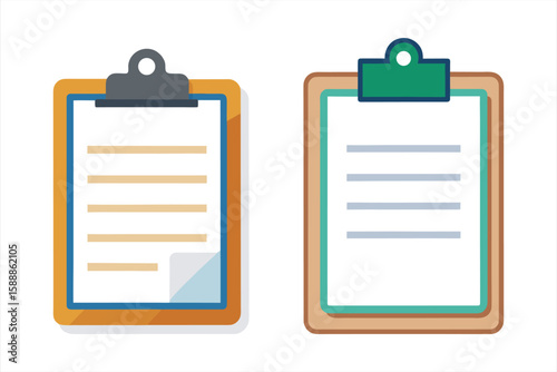 Two clipboards with blank sheets of paper, one orange and one teal, displayed sidebyside on a white background