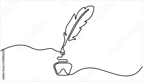 Inkwell and pen continuous line drawing. One line feather with ink vector, Continuous One line drawing of Traditional Quill and Ink. Scroll with inkwell and feather continuous line drawing.


