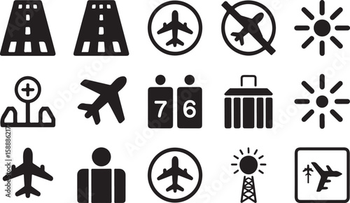 Silhouette grid of 15 air travel and airport icons including runways, airplanes with prohibitory signs, luggage, control tower, and various aviation-related symbols


