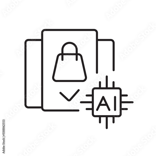 A vector icon of a product with an AI chip, symbolizing AI-powered recommendation systems, created in line style with editable stroke