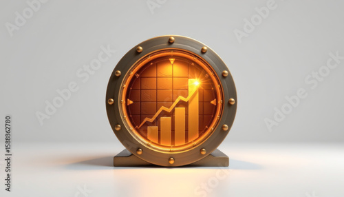 symbol of open vault with golden light shining and growth bar chart emerging fro