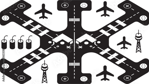 Silhouette illustration of an airport layout from an aerial view featuring runways, taxiways, airplanes, terminal buildings, control tower, and infrastructure elements