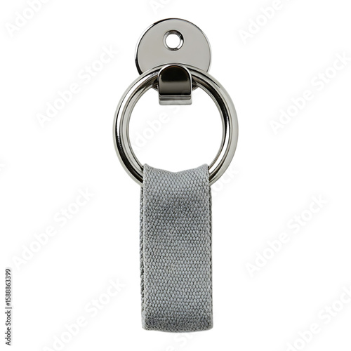 Grey leather keychain loop with round metal top, used for attaching keys or small accessories securely