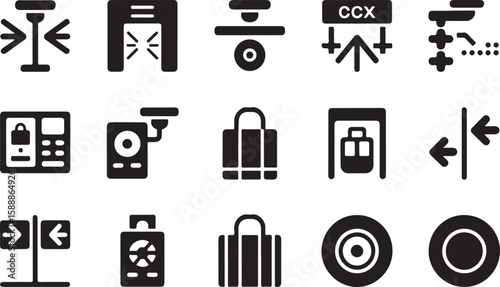 Silhouette grid of 15 airport security and baggage handling icons featuring metal detectors, conveyor belts, luggage, security cameras, and directional signage


