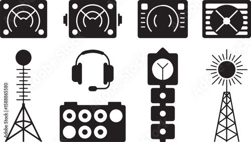 Silhouette icon set of air traffic control and communication equipment including radar, headset, speakers, antenna, control panel, traffic light, and towers