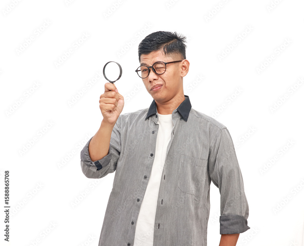 Man with Glasses Examining with Magnifying Glass on White Background, Investigation Concept Man with Glasses Examining with Magnifying Glass on White Background, Investigation Concept