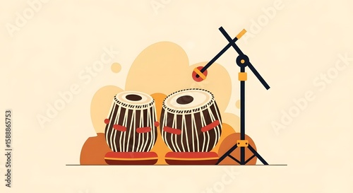 Illustration of a Tabla Set with Drum Stand on a Light Backdrop for Music Concept and Cultural Events