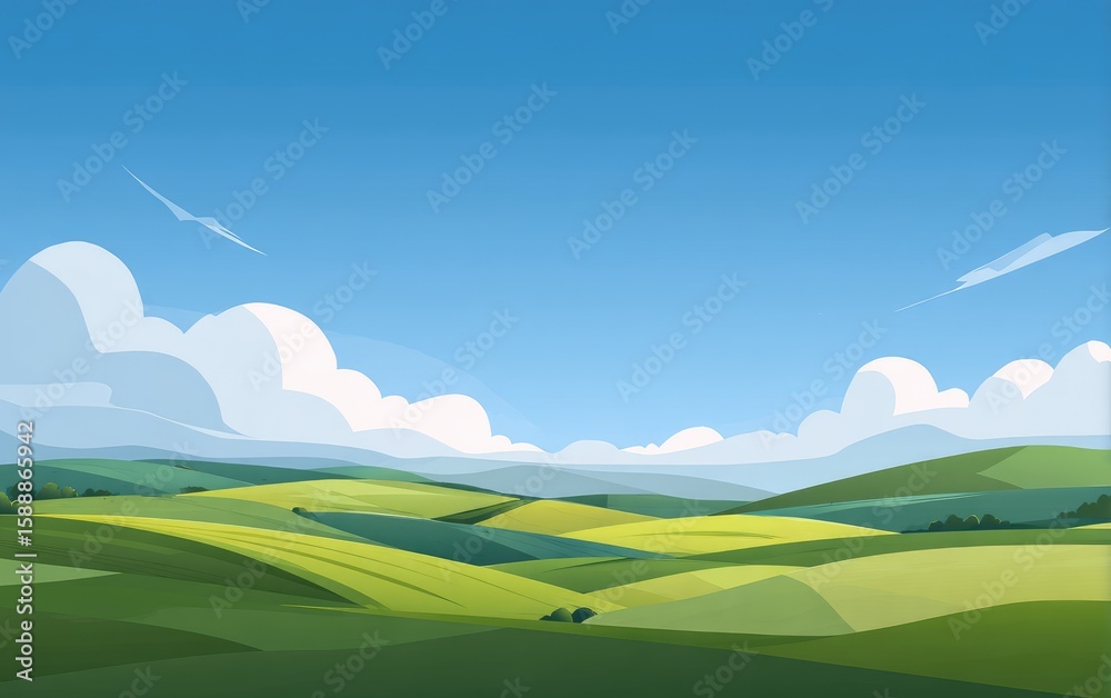 Fototapeta premium Vast, stylized landscape under a vibrant blue sky