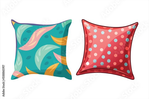 Two decorative pillows, one featuring a leaf pattern and the other with polka dots, presented on a clean white background
