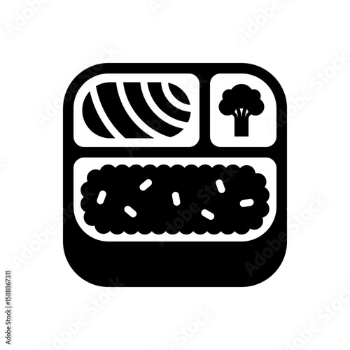 Monochrome Bento Box Icon with Salmon, Rice, and Broccoli Elements